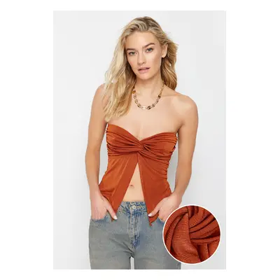 Trendyol Premium Cinnamon Sweetheart Neckline Gathered Crop Knitted Blouse