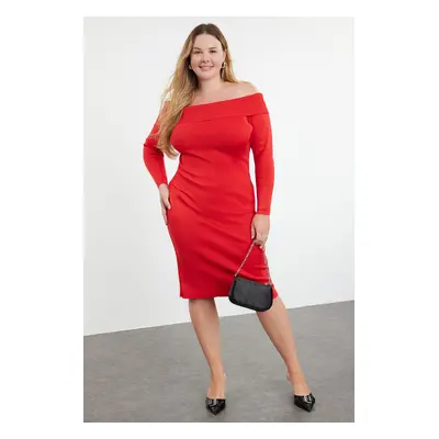 Trendyol Curve Red Carmen Collar Bodycon Midi Length Knitwear Dress