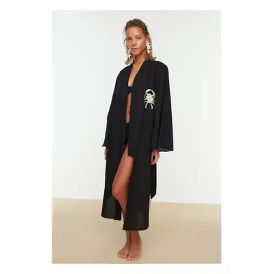 Trendyol černý midi kimono a kaftan s páskem, 100% bavlna, s tkanou výšivkou