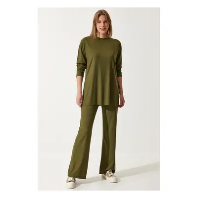 Happiness İstanbul Women's Khaki Ribbed Knitted Blouse Pants Suit