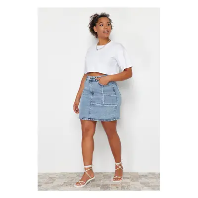 Trendyol Curve Light Blue Stitching and Tassel Detailed Mini Denim Skirt