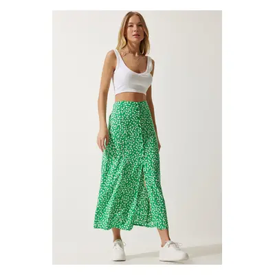 Happiness İstanbul Women's Green Patterned Slit Viscose Skirt