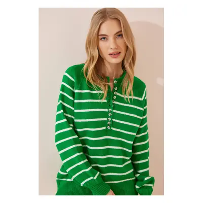 Happiness İstanbul Women's Vivid Green Buttoned Collar Striped Knitwear Sweater