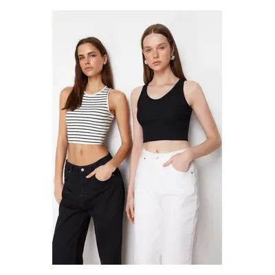 Trendyol Black-Multicolor 2-Pack Fitted/Fitted Crop Corded Flexible Knitted Tank Top