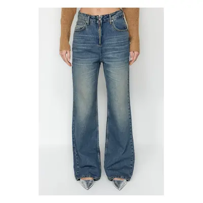 Trendyol Blue More Sustainable Faded Effect Vintage Zipper Detail High Waist Wide Leg Jeans