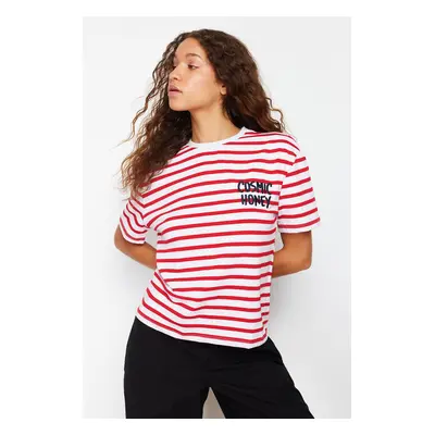 Trendyol Red Striped Slogan Embroidery Detailed Relaxed/Comfortable Cut Knitted T-Shirt