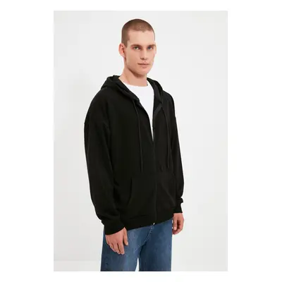 Trendyol Black Oversize/Wide Cut Hooded Zippered Sweatshirt-Cardigan