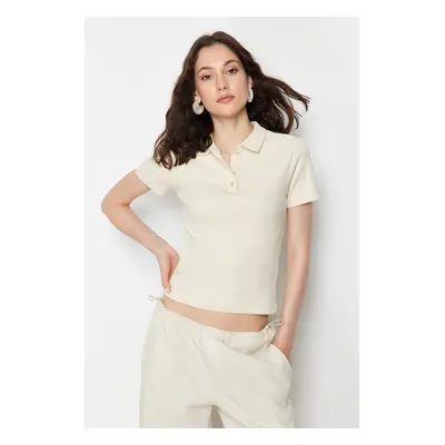 Trendyol Beige Polo Neck Buttoned Short Sleeve Stretchy Ribbed Knitted Blouse