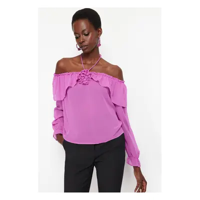 Trendyol Pink Unlined Flounce Rose Detailed Chiffon Blouse