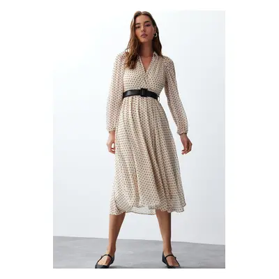 Trendyol Beige Belted Polka Dot Chiffon Lined Midi Woven Dress