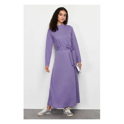 Trendyol Lilac Belted Stand Collar Knitted Dress