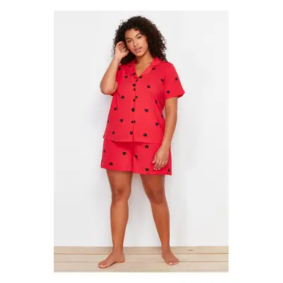 Trendyol Curve Red Heart Pattern Knitted Pajamas Set