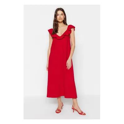 Trendyol Burgundy Ruffle Collar Detailed Pool Neck Midi Knitted Dress