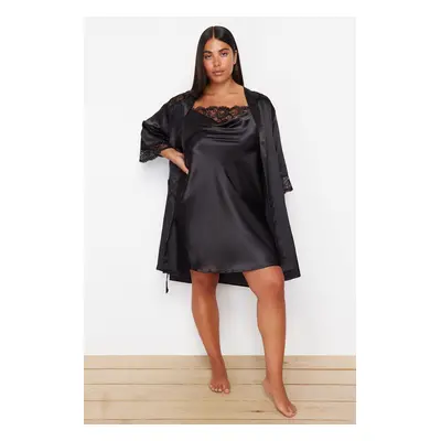 Trendyol Curve Black Lace Detailed Belted Satin Woven Dressing Gown