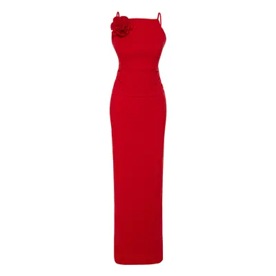 Trendyol Red Fitted Rose Detailed Woven Long Evening Dress