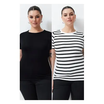 Trendyol Curve Black-Ecru Striped 2-Pack Viscous Stretch Knitted Blouse