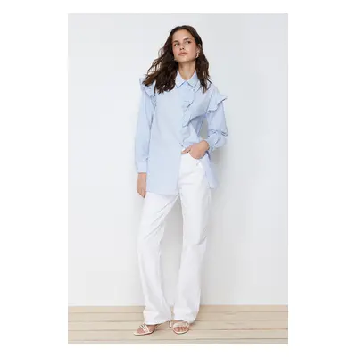 Trendyol Light Blue Pearl Detailed Cotton Woven Shirt