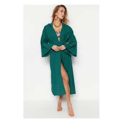 Trendyol Green Belted Maxi Woven Hooded 100% Cotton Kimono & Caftan