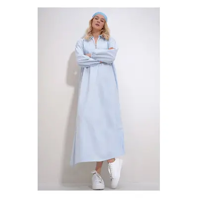 Trend Alaçatı Stili Women's Blue Shirt Collar Zippered Front Striped Woven Maxi Dress