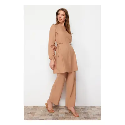 Trendyol Camel Eyelet Tie Detailed Aerobin Tunic-Pants Set