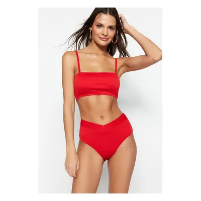 Trendyol Red V-Cut Textured High Waist Normal Leg Bikini Bottom