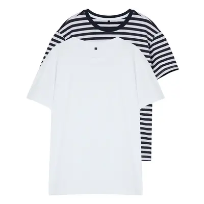 Trendyol White-Navy Blue Striped Regular/Normal Cut 2-Pack Short Sleeve T-Shirt