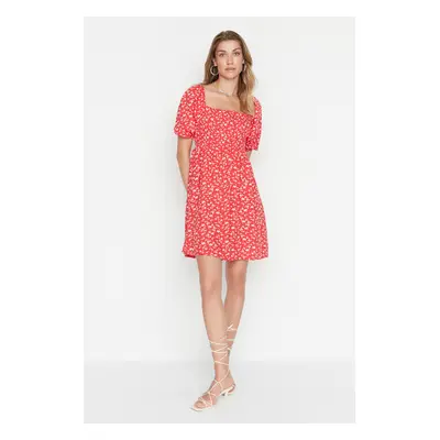 Trendyol Red Floral Waist Gimped Viscose Mini Woven Dress