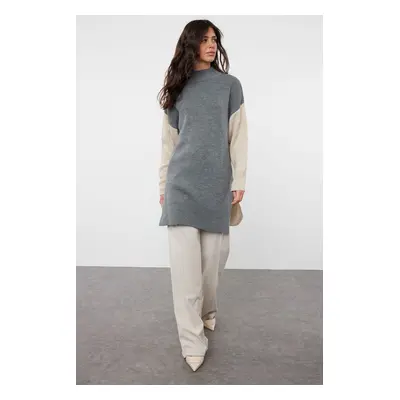 Trendyol Anthracite Color Block Turtleneck Long Knitwear Sweater