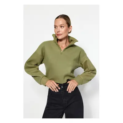 Trendyol Khaki Parachute Detail Polo Neck Zipper Stopper Fleece Crop Knitted Sweatshirt