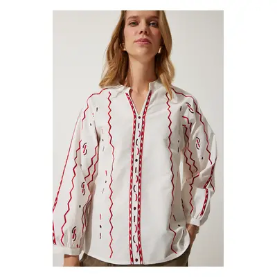 Happiness İstanbul Women's Ecru Embroidered Linen Surface Blouse