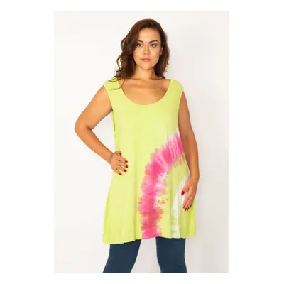 Şans Women's Plus Size Green Tie Dye Patterned Tunic