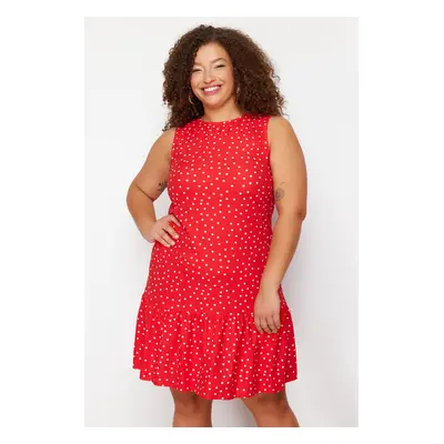 Trendyol Curve Red Polka Dot Printed Zero Sleeve Flounce Shift/Plain Mini Flexible Summer Knit D