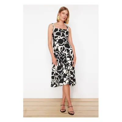 Trendyol Black Printed Thick Strap Zippered Midi Knitted Dress