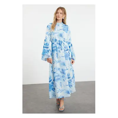 Trendyol Blue Lined Woven Chiffon Floral Pattern Dress