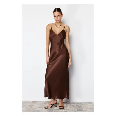 Trendyol Brown Straight Cut Satin Strappy Maxi Woven Dress