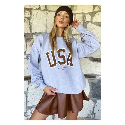 Trend Alaçatı Stili Women's Grey-Brown Crew Neck Raised Printed Oversize Sweatshirt