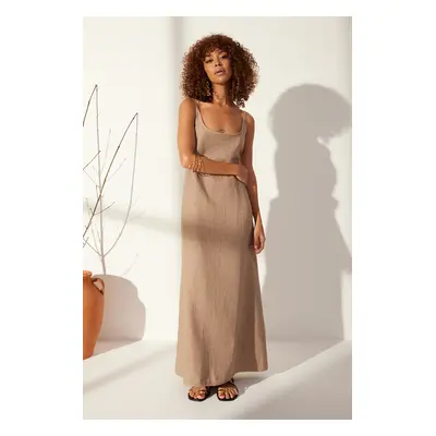 Trendyol Brown 100% Linen Back Detailed Maxi Dress