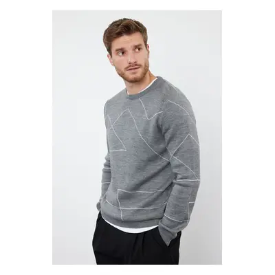 Trendyol Gray Slim Fit Crew Neck Geometric Knitwear Sweater