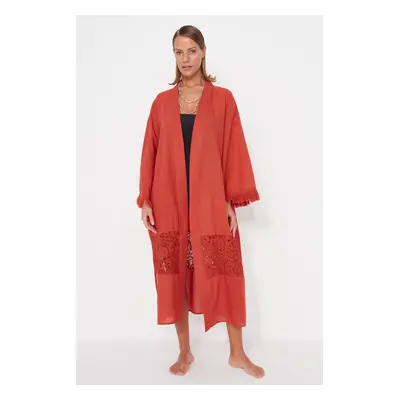 Trendyol skořicový maxi tkaný kimono a kaftan s páskem, řasený, 100% bavlna