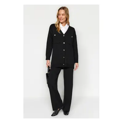 Trendyol Black Buttoned Cardigan-Pants Knitwear Two Piece Set