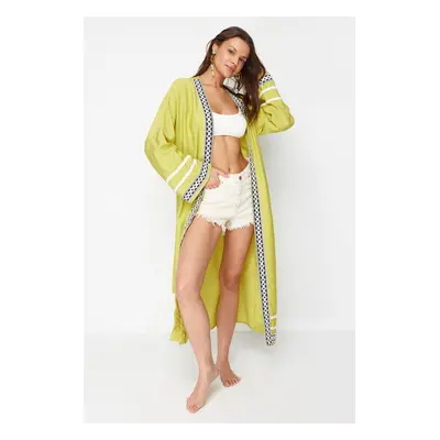 Trendyol Green Belted Maxi Woven Strip Accessory Beach Kimono&Caftan