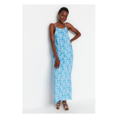 Trendyol Blue Straight Cut Maxi Woven Viscose Strap Patterned Woven Dress