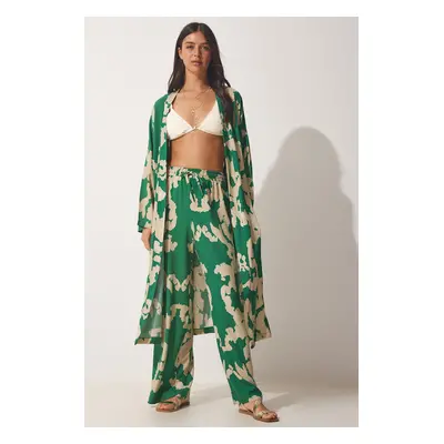 Happiness İstanbul Women's Green Beige Patterned Viscose Kimono Palazzo Pants Suit