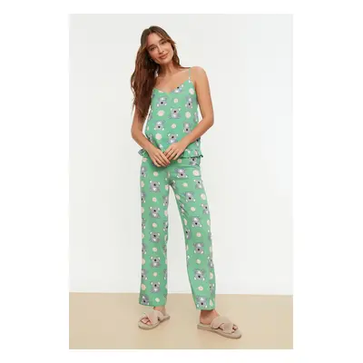 Trendyol Green Koala Patterned Ruffled Rope Strap Viscose Woven Pajama Set