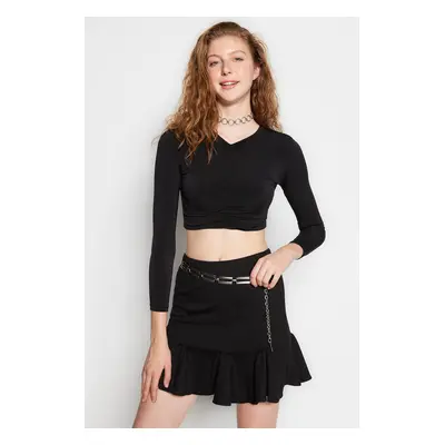 Trendyol Black Slim Shromážděná detailní Crop Elastická Pletená Halenka