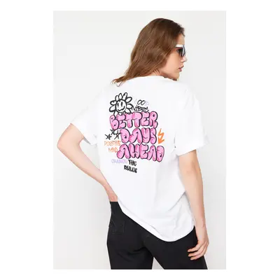 Trendyol White 100% Cotton Back and Front Printed Oversize/Wide Knitted T-Shirt