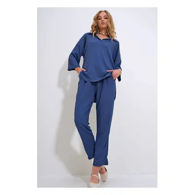 Trend Alaçatı Stili Women's Indigo Oversize Shirt Collar Blouse And High Waist Pants Set