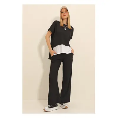 Trend Alaçatı Stili Women's Black Crew Neck Garnish Blouse And Palazzo Trousers Double Crinkle S