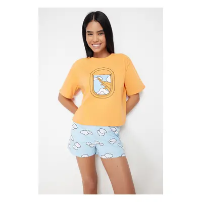 Trendyol Orange 100% Cotton Cloud Patterned Tshirt-Shorts Knitted Pajama Set