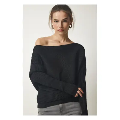 Happiness İstanbul Women's Black Asymmetric Collar Ribbed Sweater